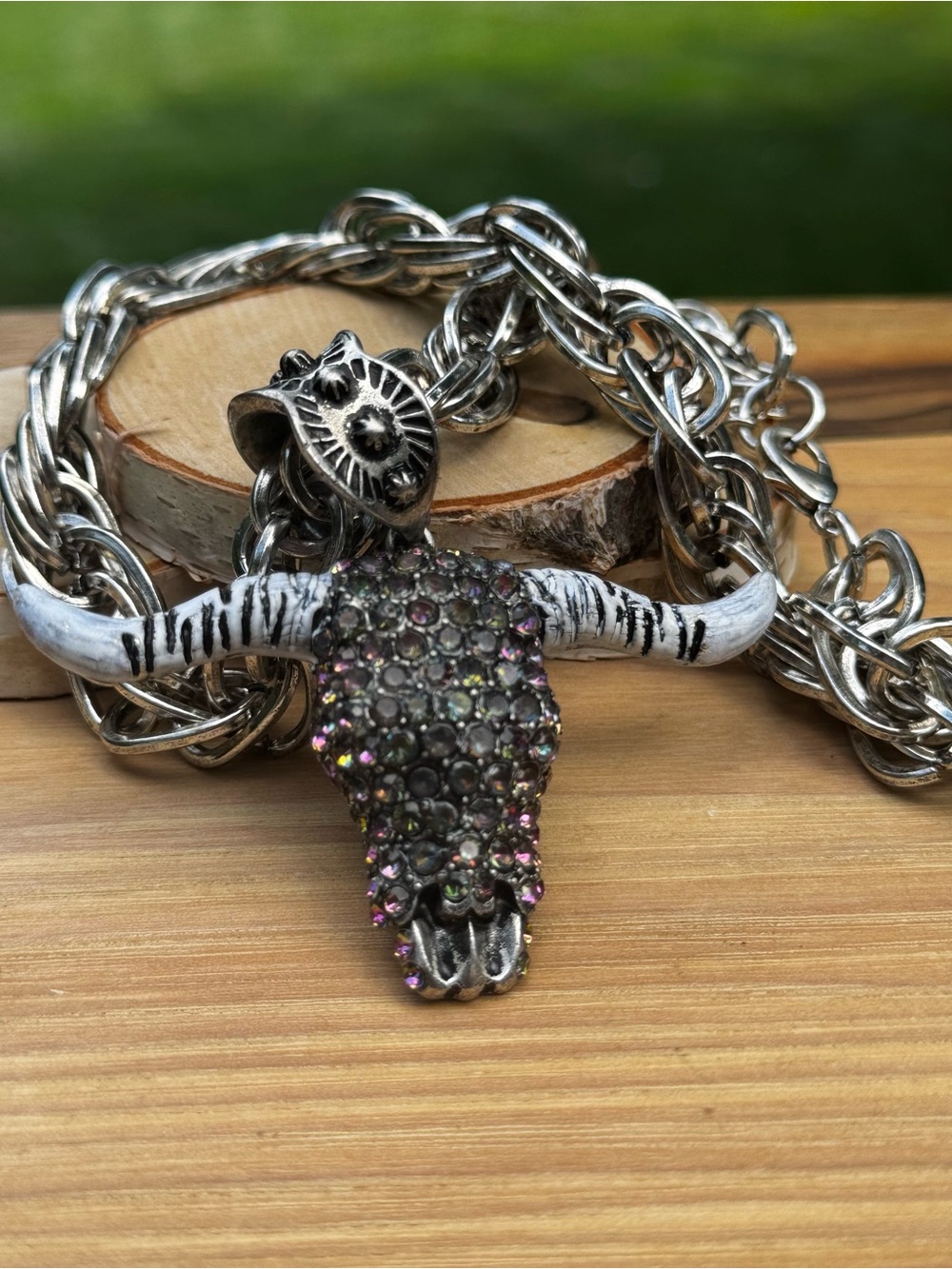 Longhorn Skull Pendant Necklace – 18” Chain – Volcano Gemstone Western Jewelry